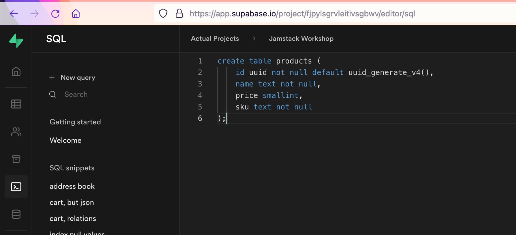 screenshot of supabase interface of the query window with the create table query pasted into it