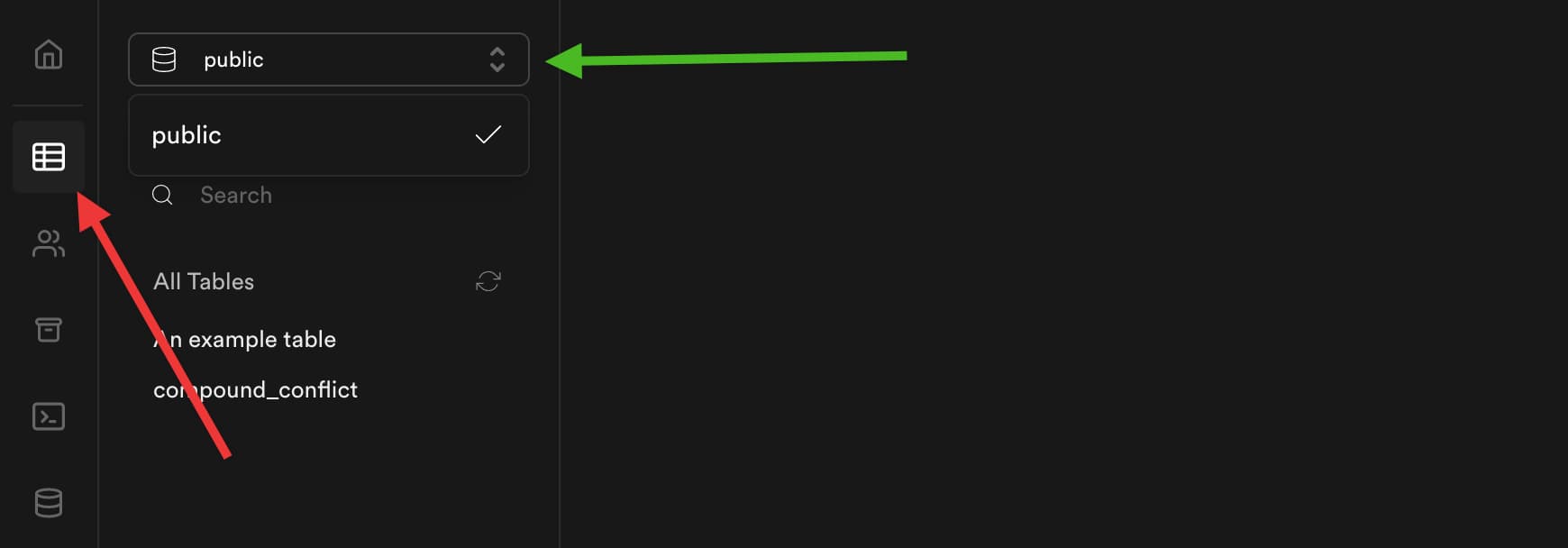 screenshot of supabase ui, red arrow pointing to the table icon that looks like a grid, immediately under the home button, blue arrow pointing to a select element in the sidebar of the table page to choose schema